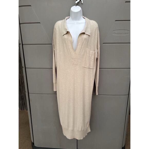 FREE PEOPLE Dana Cashmere Wool Luxe Ivory Beige Slit Polo Midi Sweater Dress XS - Picture 2 of 16